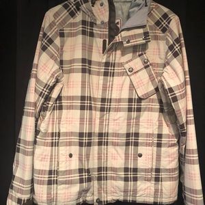 Burton snowboarding / skiing jacket. Cream colored with pink and brown plaid
